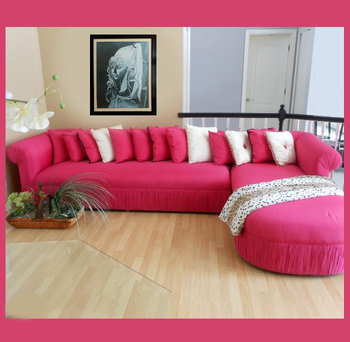 Exceptional Fucshia 2 Piece Sectional Sofa in Immaculate Condition and Picasso Print