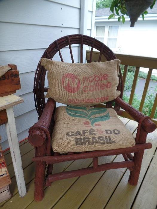 1 of 2 Wood chairs w/burlap cushions and pillow
