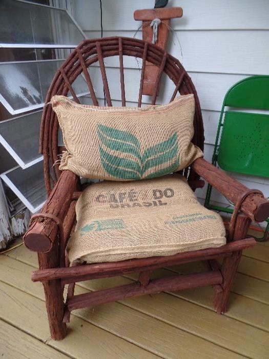 2 of 2 Wood chairs w/burlap cushions and pillow