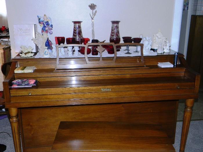 Piano For Sale! Assorted red glassware and angels