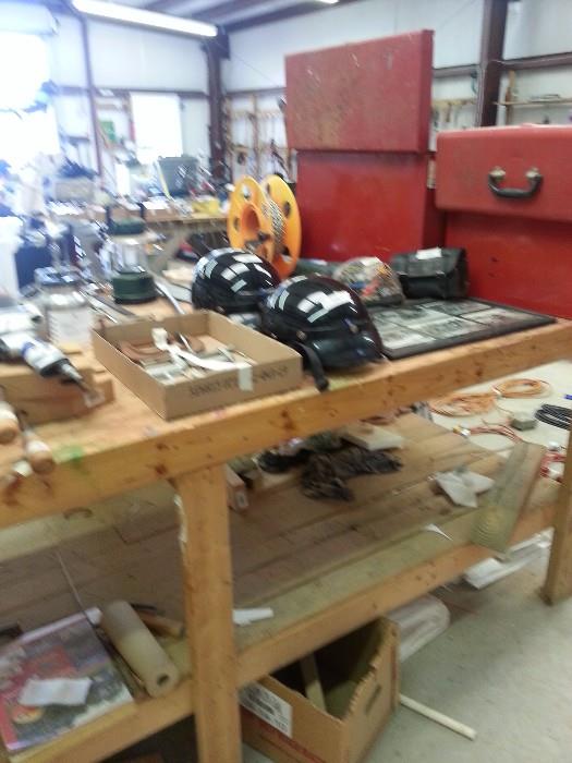 motorcycle helmets, and the work bench