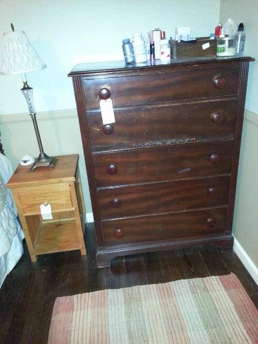 Mahogany five drawer chest, pair of hand crafted night stands.