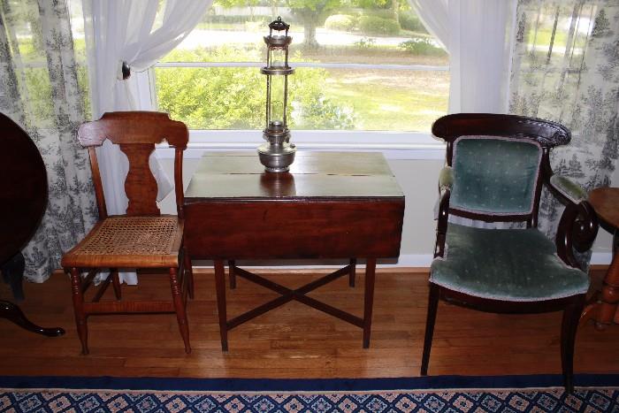 Tiger maple chair, drop leaf table and Baltimore chair