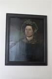 c. 1840 Portrait, woman in widow dress painted on board, New England. Background seascape suggests coastal provenance. Pulled drape and column suggests sitter's desire to be painted in the grand style fitting a wealthy station. Spalding Nix appraised this one at $1200.
