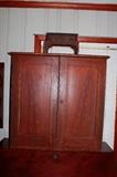 Two Door Grain Painted Heart Pine Wardrobe, Rabun County Georgia 1850, attrib to Cathey shop. Very wide single board case, square nailed, horizontal backboards, wood pegged and mortised doors, fine cornice molding and bootjack feet. Hardware appears to be original.