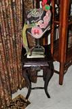 Antique embroidered Asian hat on rosewood and marble stand