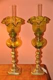 Wonderful brass and green glass oil lamps