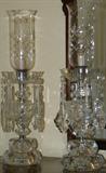 Pair of heavy cut glass lamps with prisms