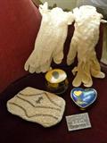 Fine Irish crochet gloves, beaded bag, HP compact from FL, deco dresser/cosmetic jar