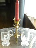 Two of dozen silk screened Xmas mugs, brass candlestick.