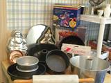 Bake ware, cake pans, angel food/tube pan, Santa, holiday, kitchen gadgets, apple peeler, rolling pin, folding butcher block cart.