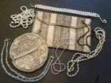 Vintage beaded change purse and bag, crystal and faux pearl necklaces.