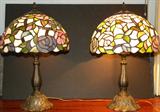 Pair of contemporary leaded/stained glass floral motif table lamps by Meyda Tiffany for QVC.
