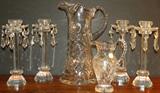 American cut glass tankard, contemporary crystal and cut glass candlesticks and small pitcher.