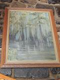 One of selection of paintings and prints by local and other artists, depicting trees in a swampy area.