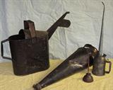 Petroliana-selection form old gas station items-large copper can, oil cans, funnel.