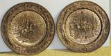 Pair of vintage brass wall plaques, horse/rider/equestrian scenes.