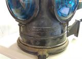 Close-up detail-D L & W RR signature on Dressel bulls-eye glass railroad lantern (Delaware, Lackawanna and Western Railroad). This lantern was produced in Arlington, NJ.