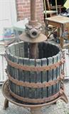 Vintage wine/cider/fruit press on heavy cast iron stand. Great garden decor!