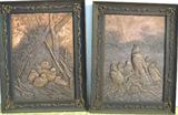 Vintage pictures of nesting birds, created by stamping or tooling delicate copper foil, and the pair in complementary period frames.