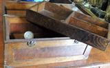 Selection from tool boxes and chests, wood tool box with tray, brass mounted corners.