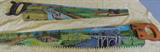 Folk art painted saws, Morris canal scene and railroad scene.