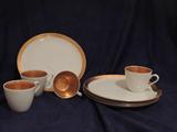 Porcelain dessert/snack service for four, with rich Roman gold lining and trim.