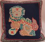 Hand-made needlepoint pillow with Chinese dragon/lion/foo dog motif. Opulent metallic gold thread border.