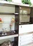 Wall unit with adjustable shelves, drawers, glassed in section.