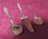 Silver plate and sterling handled vintage serving flatware serving pieces, engraved and repousse type patterns, floral motifs, etc.