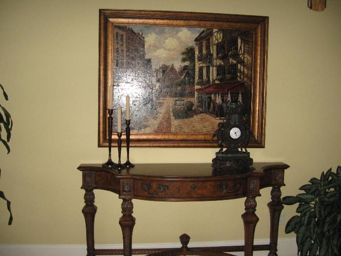 DREXEL HERITAGE SOFA TABLE-ANTIQUE CLOCK-OIL PAINTING by R.ROCKWELL