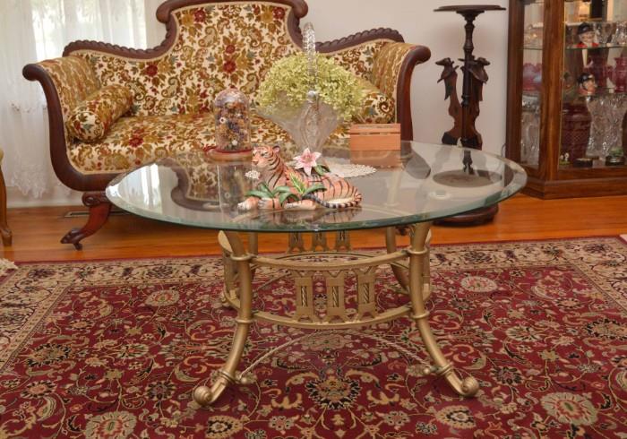 Glass Top Coffee Table with Gold Painted Iron Base