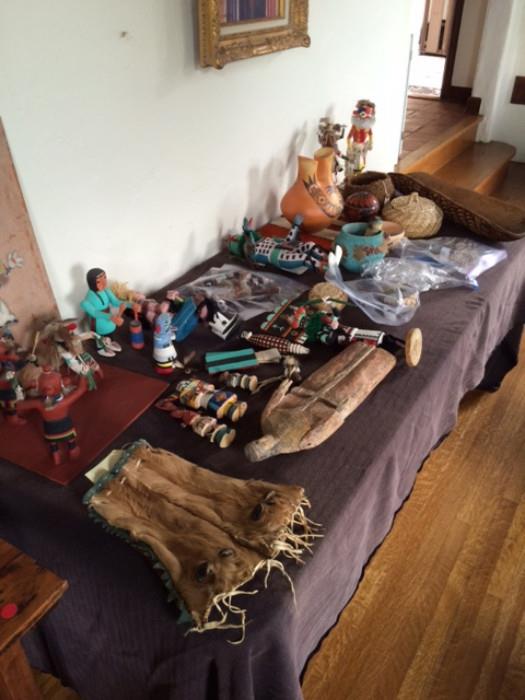 native American antiques, art, folk art, woven baskets, pottery, ceramics, hide, totem poles, wood carved figures 