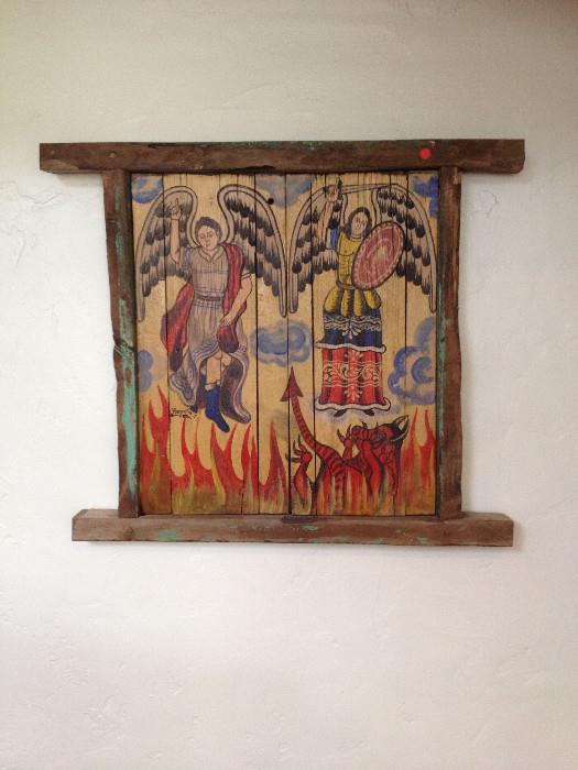 Mexican folk art, signed devil and angel