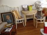vintage iron bed frame, 1940s table and chairs