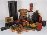 Item Description: An assortment of antique Machine age Industrial wooden Foundry molds in all different colors, shapes and sizes. Wonderful for making upcycle industrial urban art.