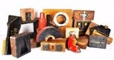 Item Description: An assortment of antique Machine age Industrial wooden Foundry molds in all different colors, shapes and sizes. Wonderful for making upcycle industrial urban art.