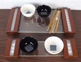 Item Description: Traditional Japanese lighted Sushi trays, bowls and chop sticks. The large hand-made Sushi tray features a clear acrylic tray with two Koi fish etched in the center flanked by lighted blocks. A companion piece features cutout holes to hold Blue Moon Japanese four piece porcelain rice bowl set with accompanying wooden chopsticks, in original box.