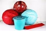 Item Description: A nice collection of decorative items including three Japanese style paper lantern hanging lamps, a small light blue trash can with lid, a wood wall shelf painted bright red and a fun sunburst style mirror.
