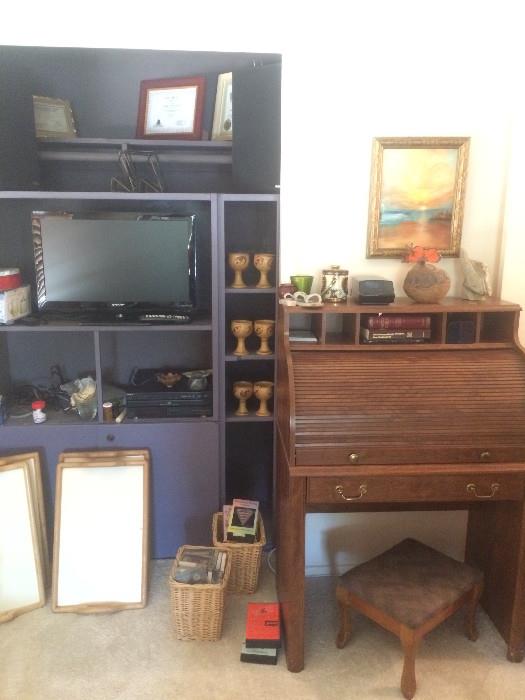 Rolltop desk, foot stool, folding breakfast trays, Sharp flat screen TV, etc