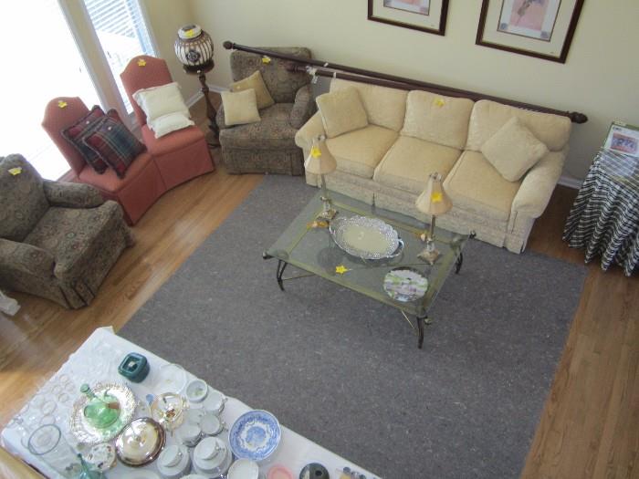 Beautiful Pearson down couch, matching chairs, very modern coffee table!