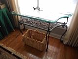 Glass topped, scrolled wrought iron side table--matches coffee table