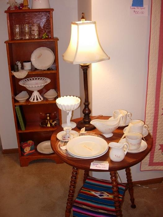 Ironstone Table, Old Indian Mat, Milk Glass