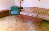 Darling formal living-room suite in nice condition, with pale yellow tufted-back sofa, matching tufted-back side chair, and matching table set: long/low storage cabinet, end table, and coffee table, nice condition