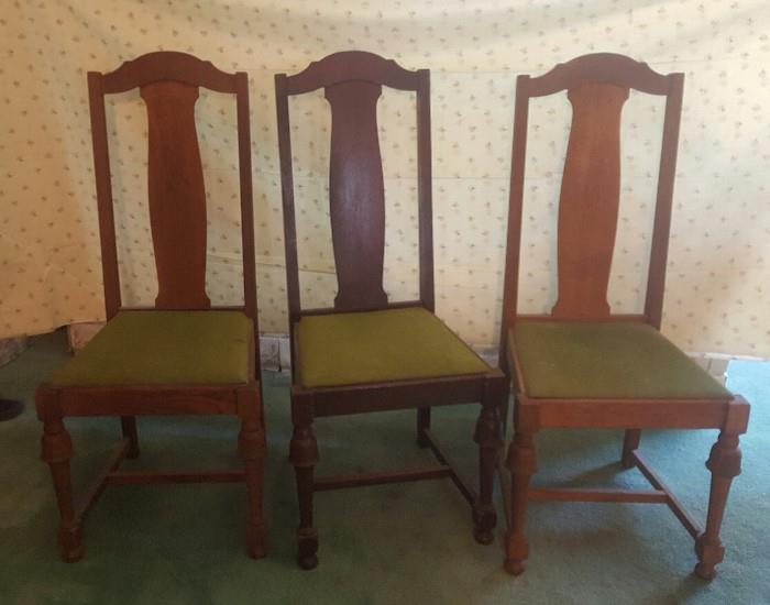 Set of 3 walnut dining chairs early 1900s. Fabric is in good condition, chairs are very sturdy