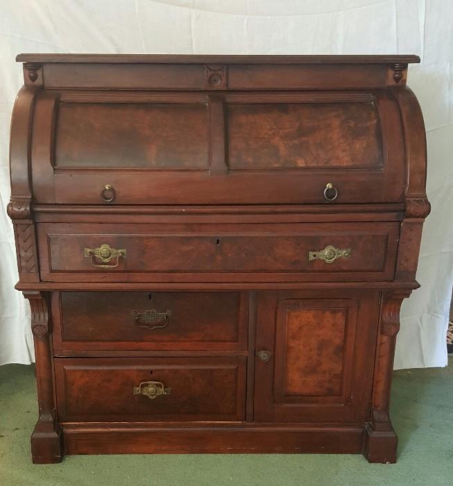 1860s walnut and burl cylinder roll top desk. Excellent condition. This is a highly collectible piece