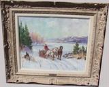 ~ C/1950's Oil on canvas Winter Logging on the Lake signed Joseph Monk (Canadian, 20th C.), approx. 14x20" framed