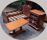 ~ C/1880 Mahogany 3 drawer doll size chest w/brass hardware ~ C/1900 Doll size Walnut Library table (Possible Salesmen Sample) ~ C/1880 Eastlake doll size high- back bed
