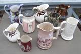 ~ Collection of 19th C. Pottery milk pitchers including: Copper Luster, Flow Blue, Jasperware, Transfer, Sponge-ware, Victorian molded, Wedgwood type, etc.