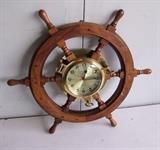 ~ C/1990's Brass ship clock mounted in Mahogany Ship's wheel